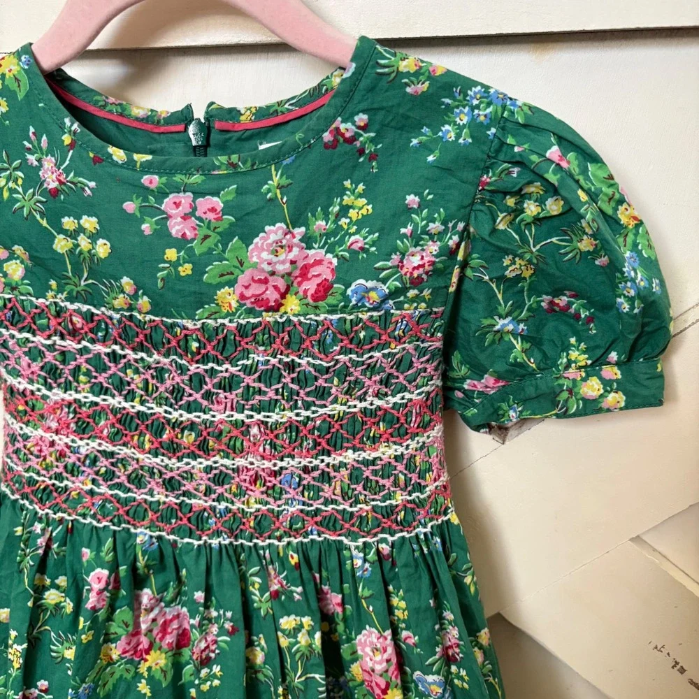Mini Boden Green Floral Smocked Dress Puff Sleeve Cotton‎ Sz 4-5Y 110cm Heirloom